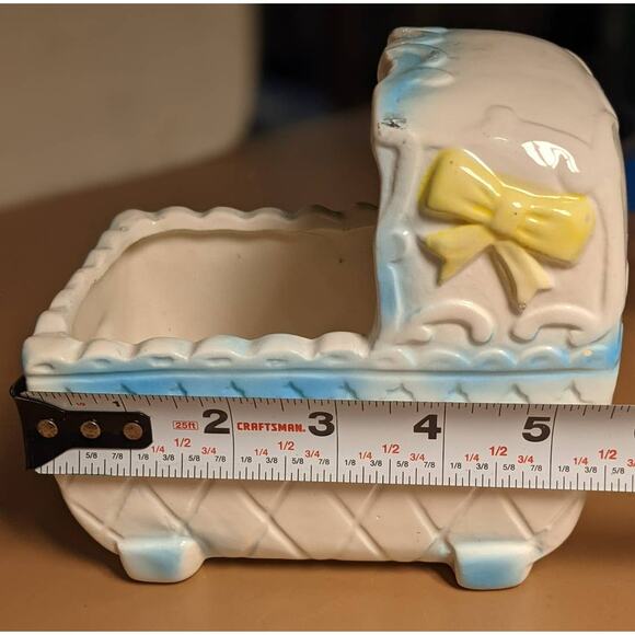 Giftwares Co Nancy Pew Baby Cradle Bassinet Planter Blue White Yellow Bows - Picture 6 of 8